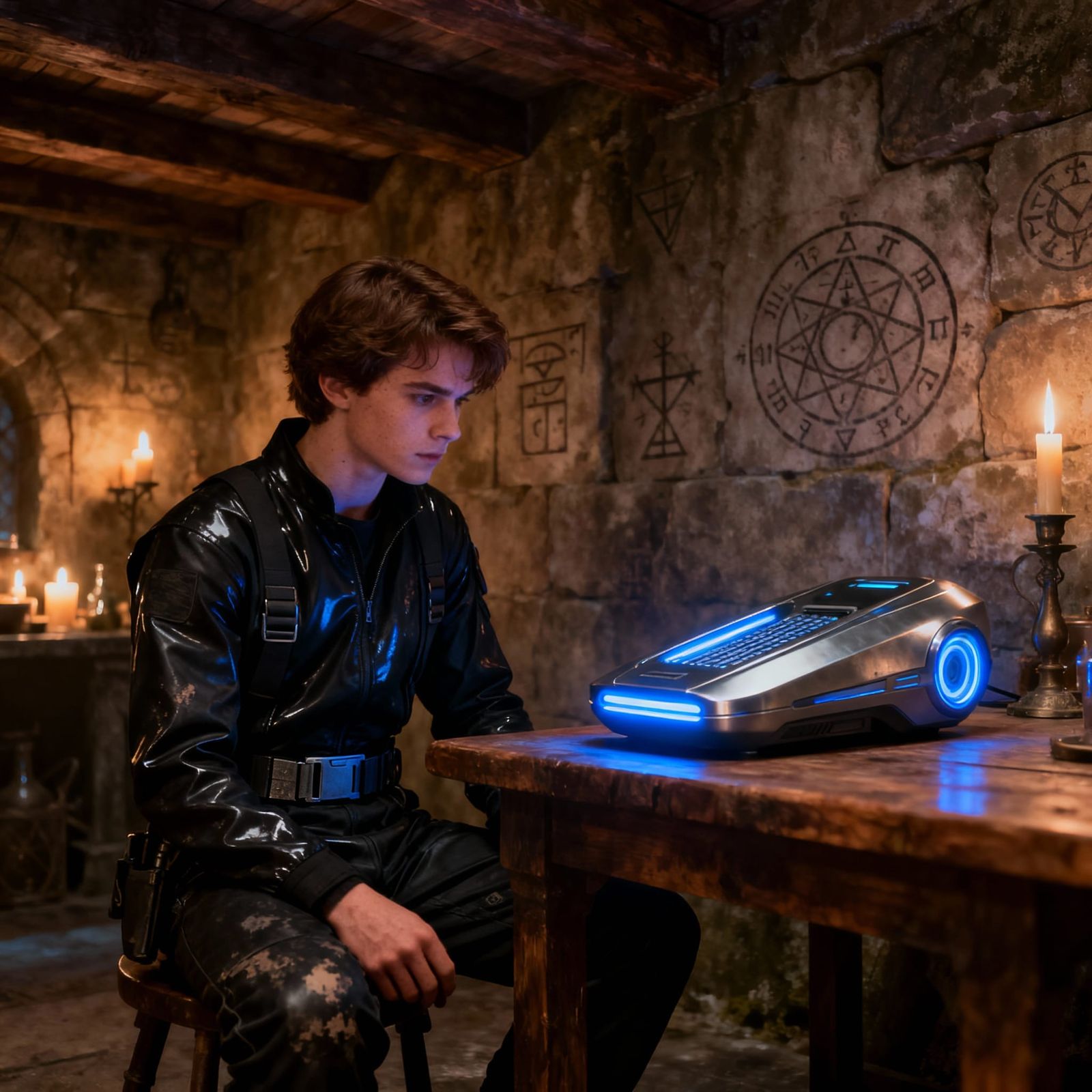 Gothic Alchemist Gazes at Futuristic Replicator