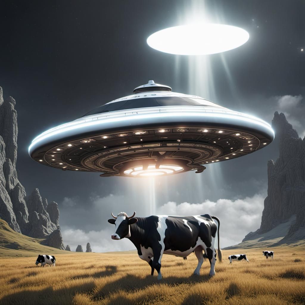 Cow Abduction by Flying Saucer, Detailed Matte Painting