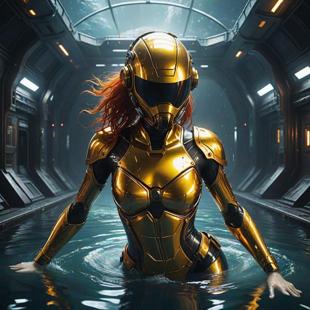 Epic Sci-Fi Diver in Golden PVC Bodysuit