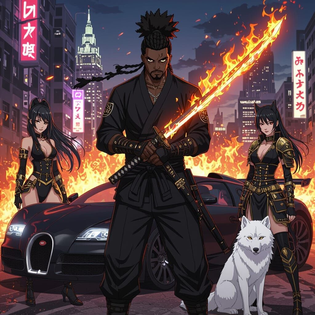 Black Man with Flaming Katana and Bugatti in Anime Style