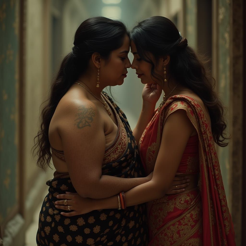 Tender Moment of Intimacy in Colorful Saris