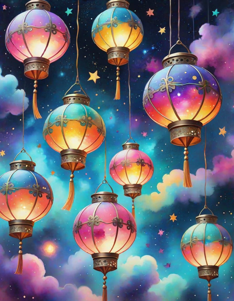 Ethereal Cosmic Lanterns in Watercolor Galaxy Sky