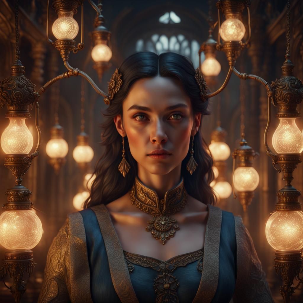 Luminous Lamp Girl: Detailed Matte Painting