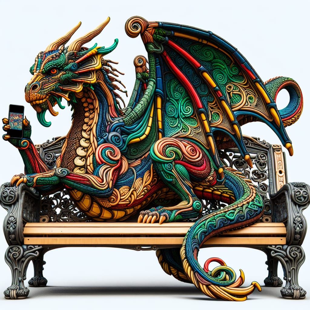 Dragon on Park Bench Using iPhone, Realistic Detail