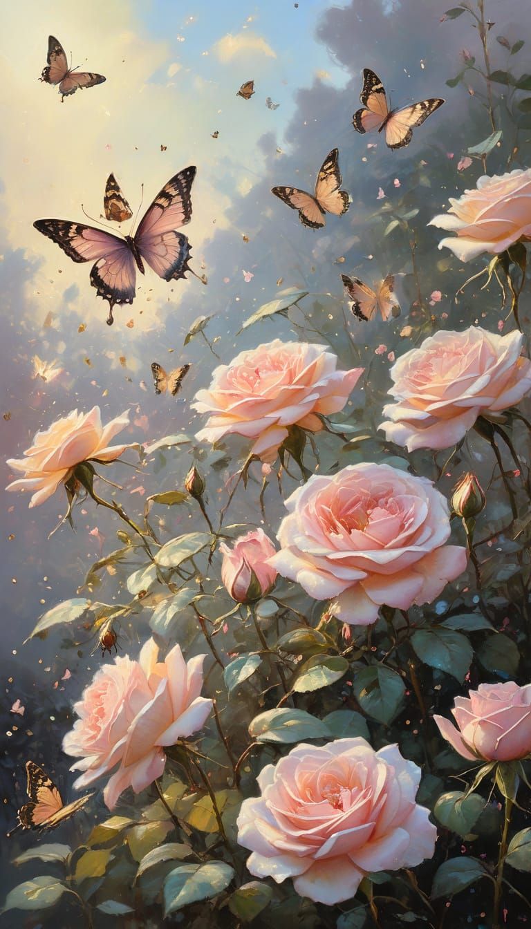 Dusty Pink Roses with Sparkling Butterflies as Impressionist...
