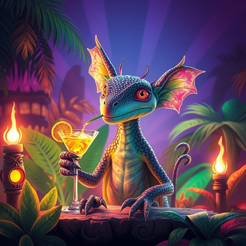 Surrealist Creature Sips Daiquiri in Tropical Paradise
