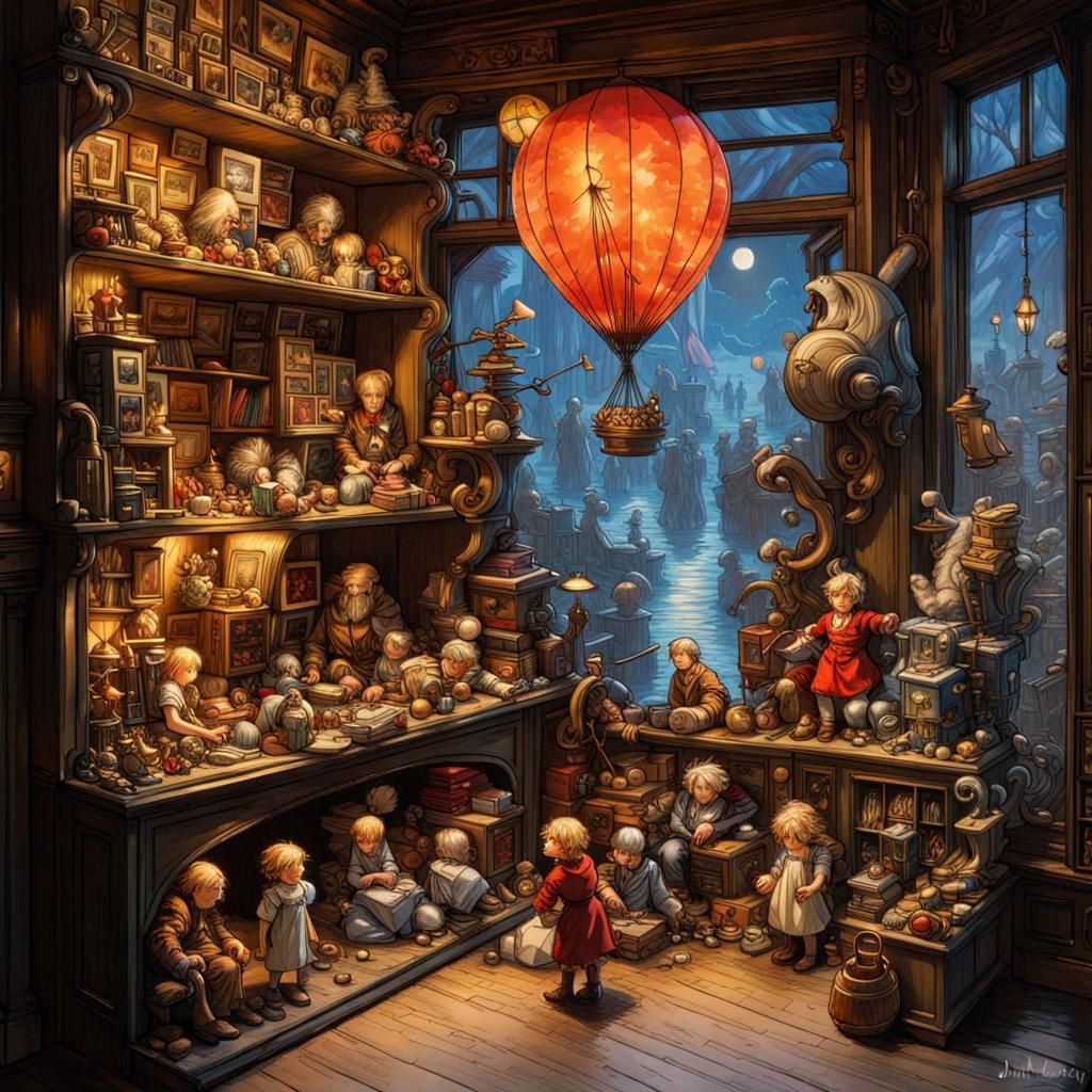 Magical Toy Shop Window in Golden Age Illustration Style