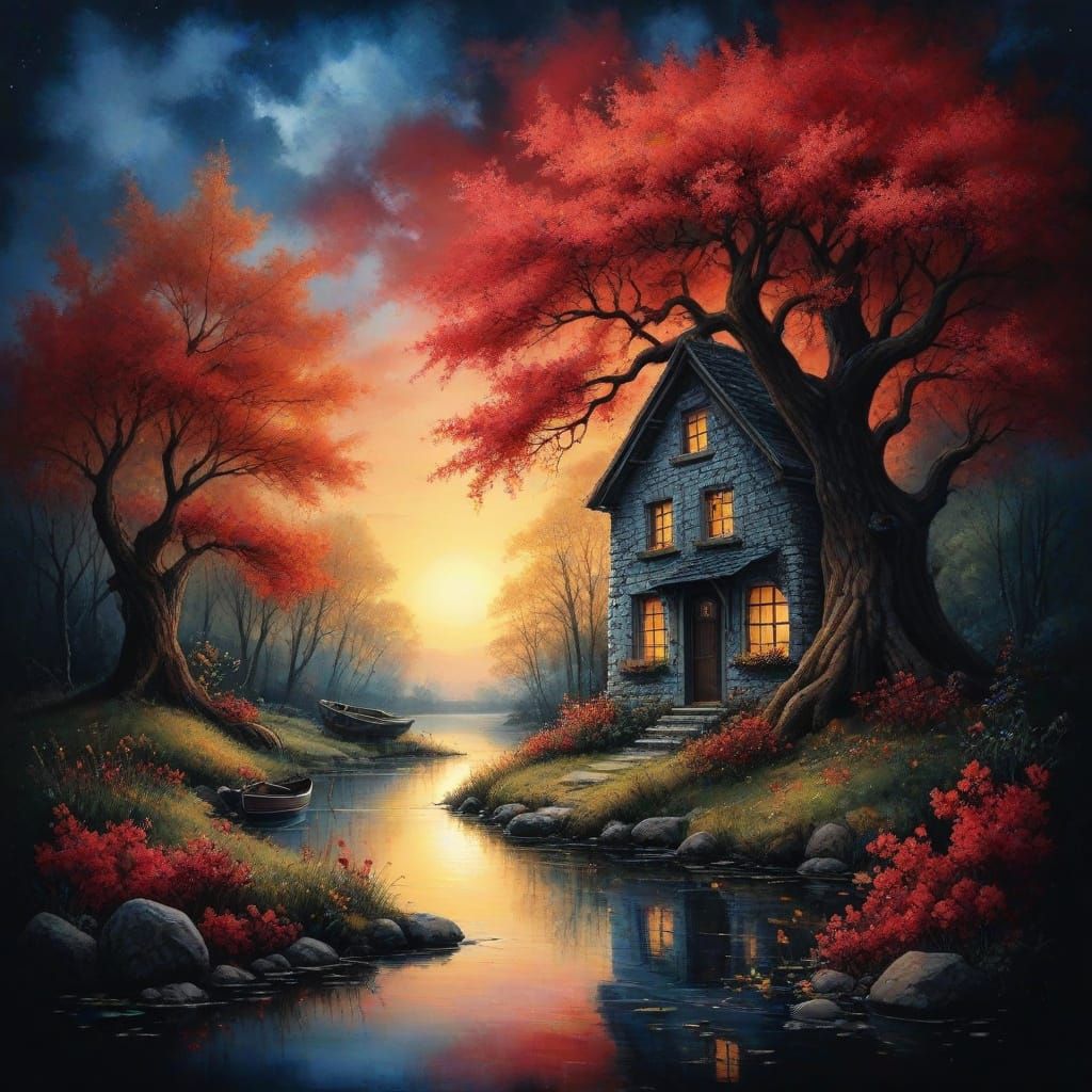 Autumn Sunset Pond Scene in Vibrant Colors