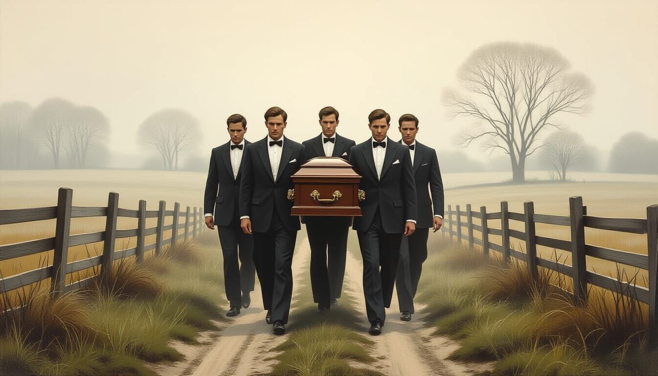Pallbearers in Misty Landscape as Rural Realism