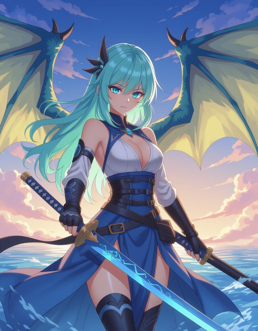 Anime Woman With Blue Dragon Wings and Katana