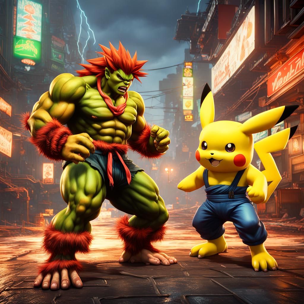 Blanka Street fighter 2 video game and Pikachu from Pokémon team up lightning bolts
