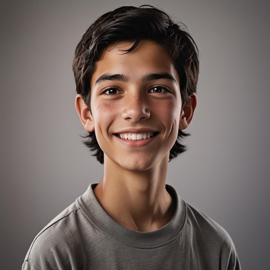 Photorealistic Portrait of Smiling Boy with Brown Eyes