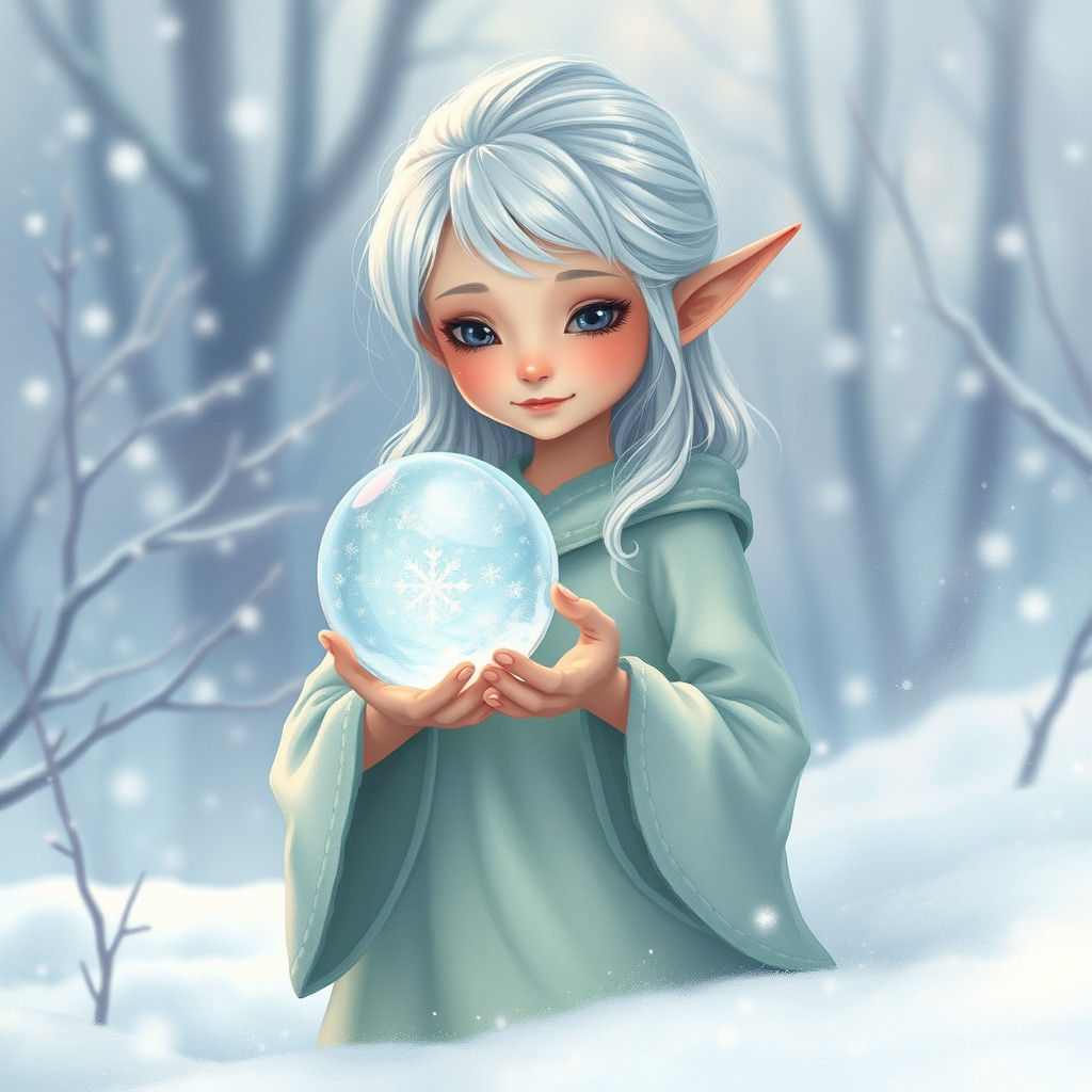 Pastel Elf with Snow Globe in Dreamy Winter Scene