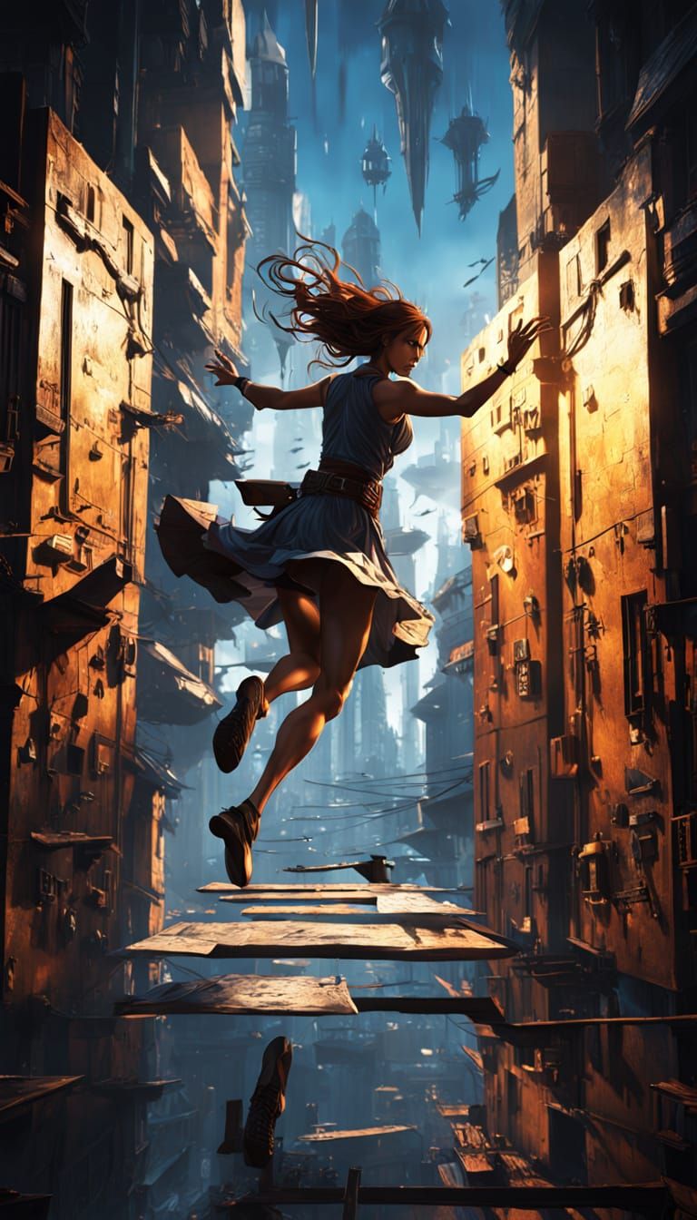 Anime Woman Leaping Between Floating Doors
