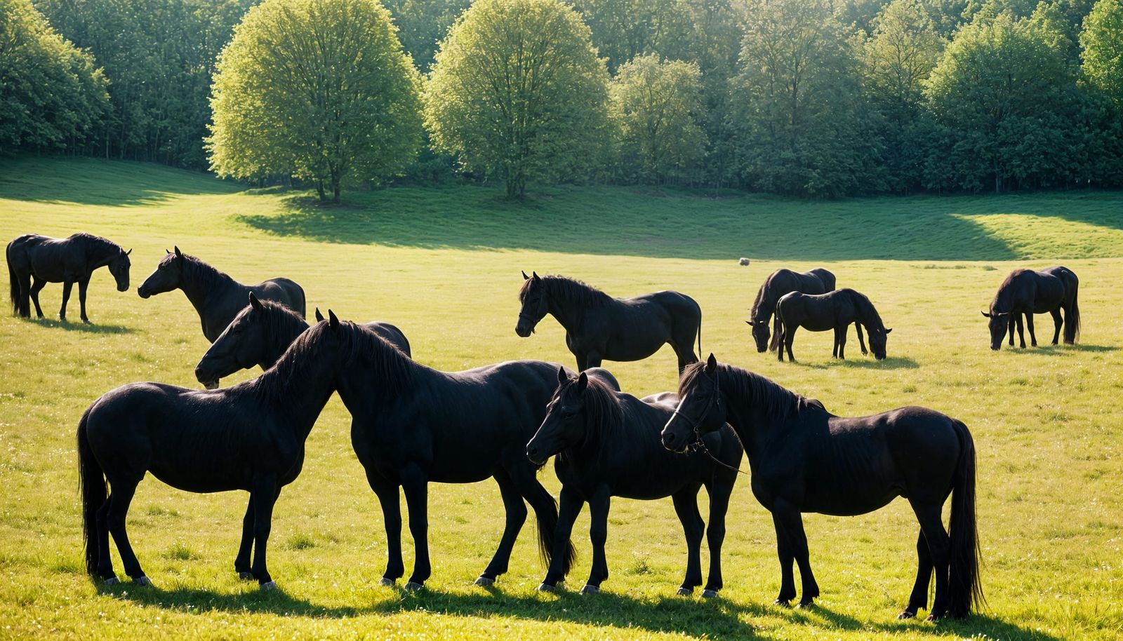 Friesian Herd Grazing in Sun-Dappled Meadow