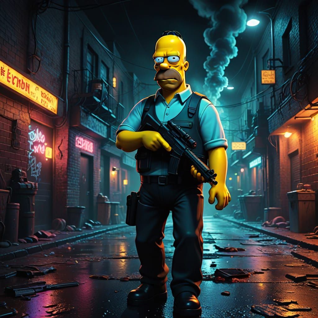 Homer Simpson in Dark Cyberpunk Alleyway