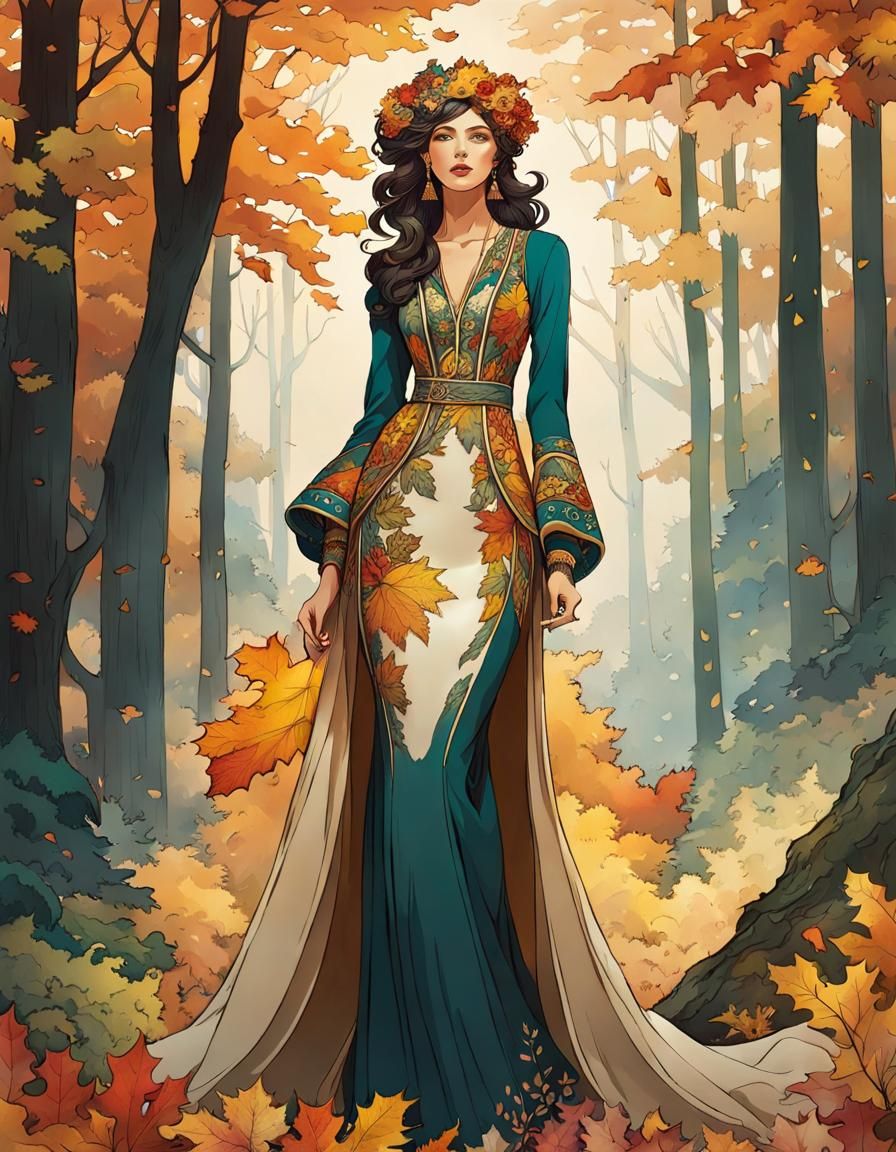 Fashion Model in Autumn Forest, Art Nouveau Illustration