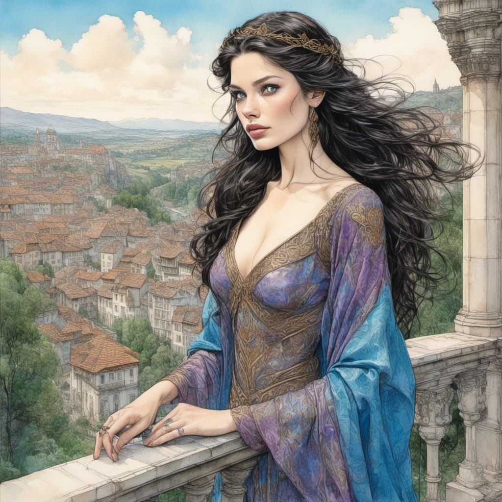Fantasy Woman on Balcony, Dark Fairytale Style