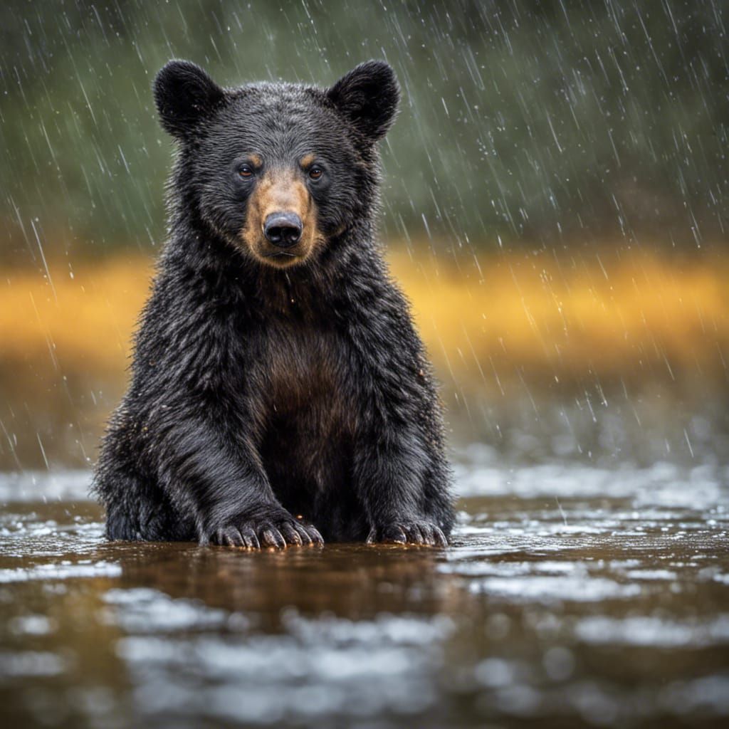 Drenched Bear Cub in Downpour: Hyperdetailed Photograph