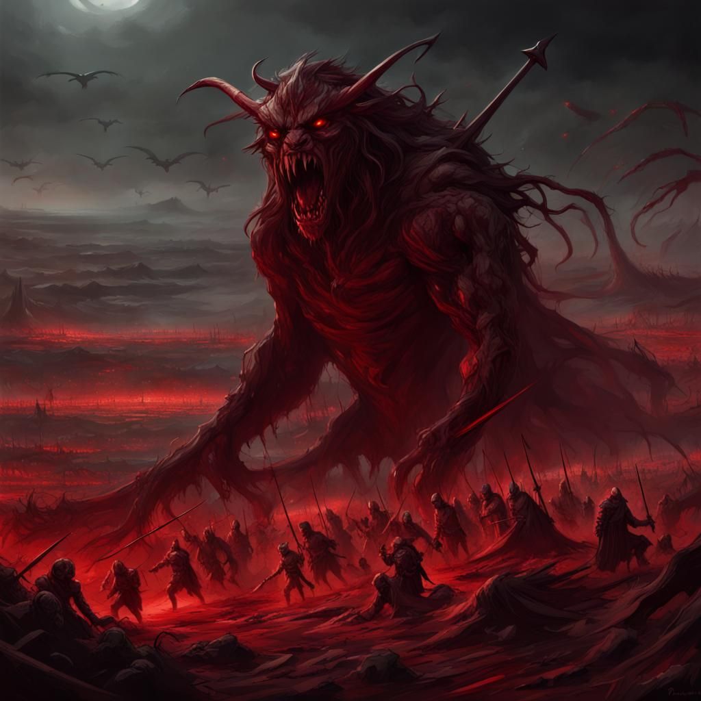 Dark Red Beast on Battlefield: Dark Fantasy Concept Art