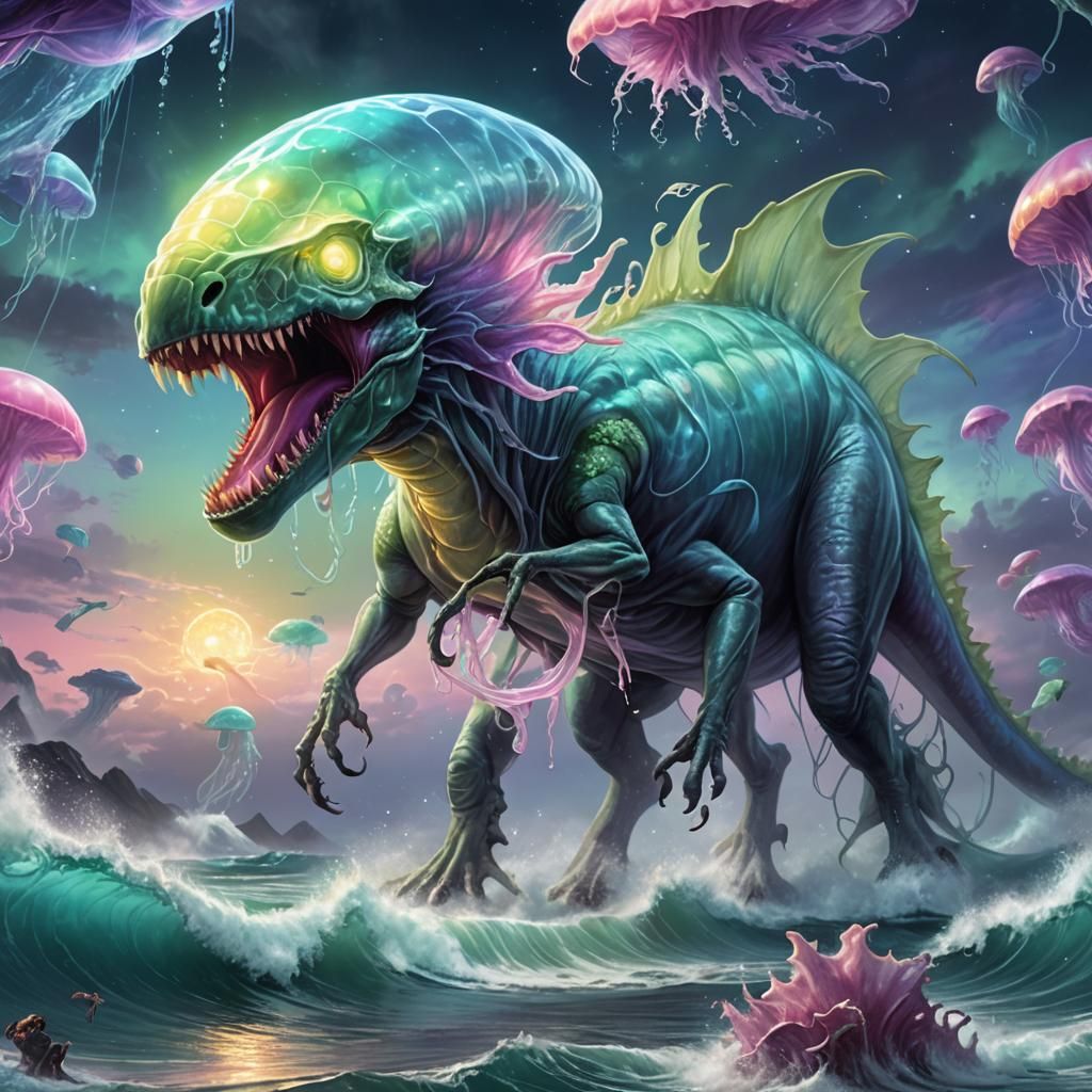 Jellyfish and Gigantosaurus Rex Battle Dragon on Wave