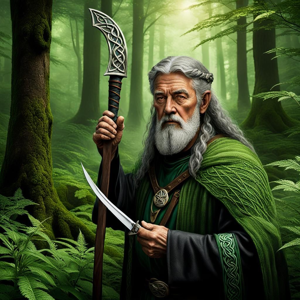 Celtic Druid Collecting Herbs in Ethereal Woods