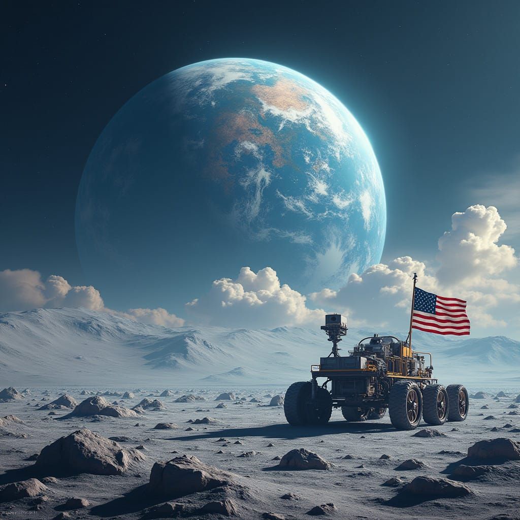 Majestic Moon Landscape with American Rover and Rising Earth