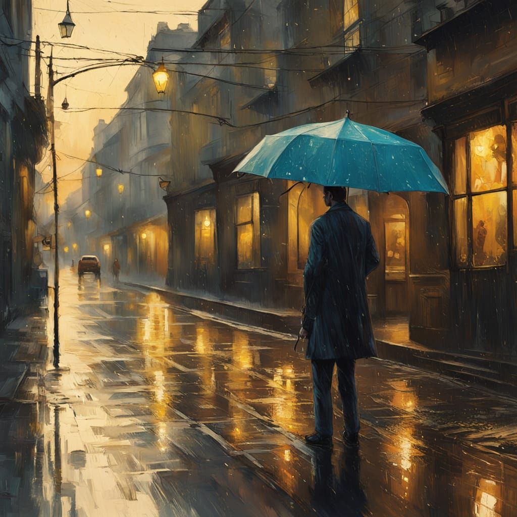 Impressionistic Rainy Street Scene with Figure