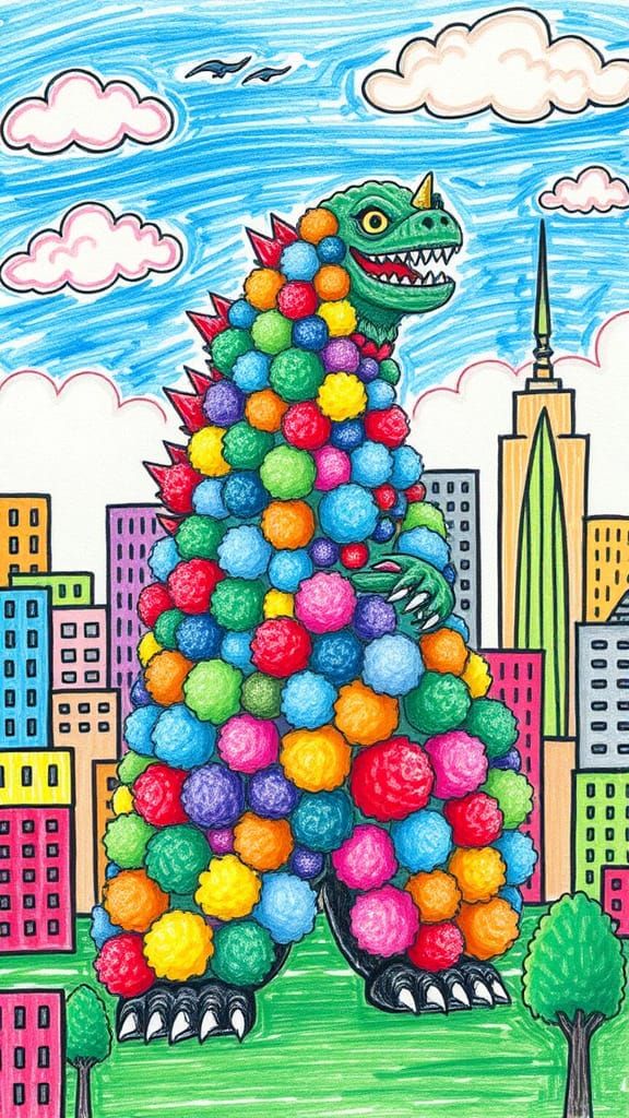 Godzilla Pompom Kaiju in Crayon Style