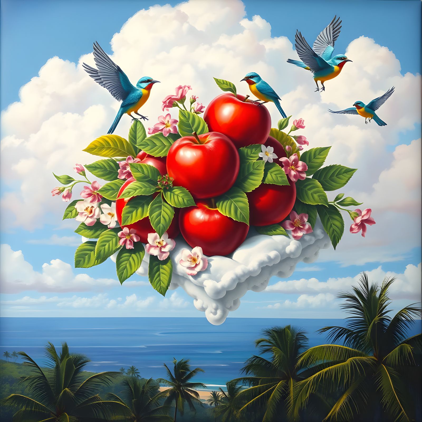 Surrealist Dreamscapes: Vibrant Apples and Turquoise Birds