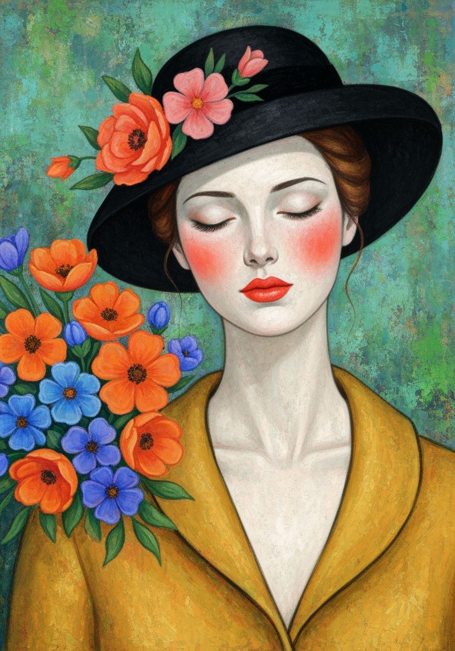 Impressionistic Portrait of Woman with Floral Hat