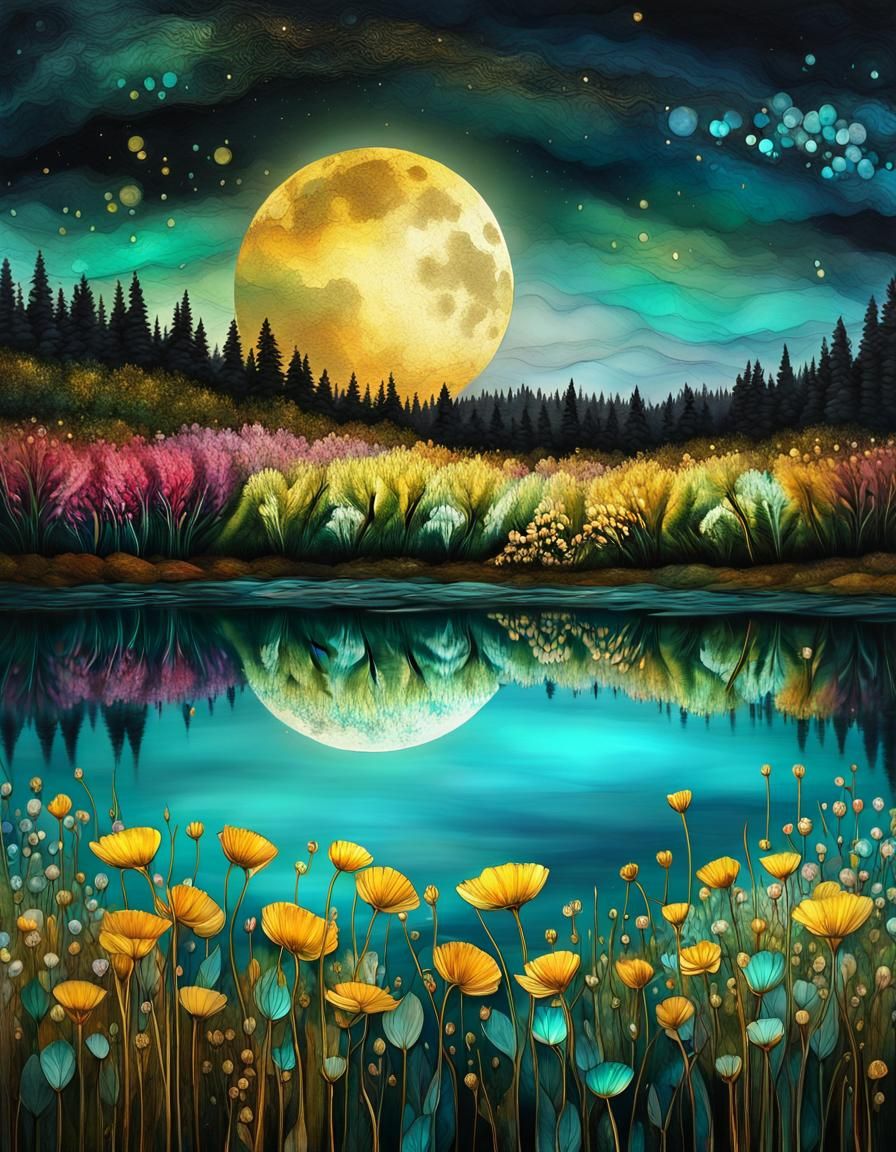 Magical Moonlit Flower Field with Lake Reflection