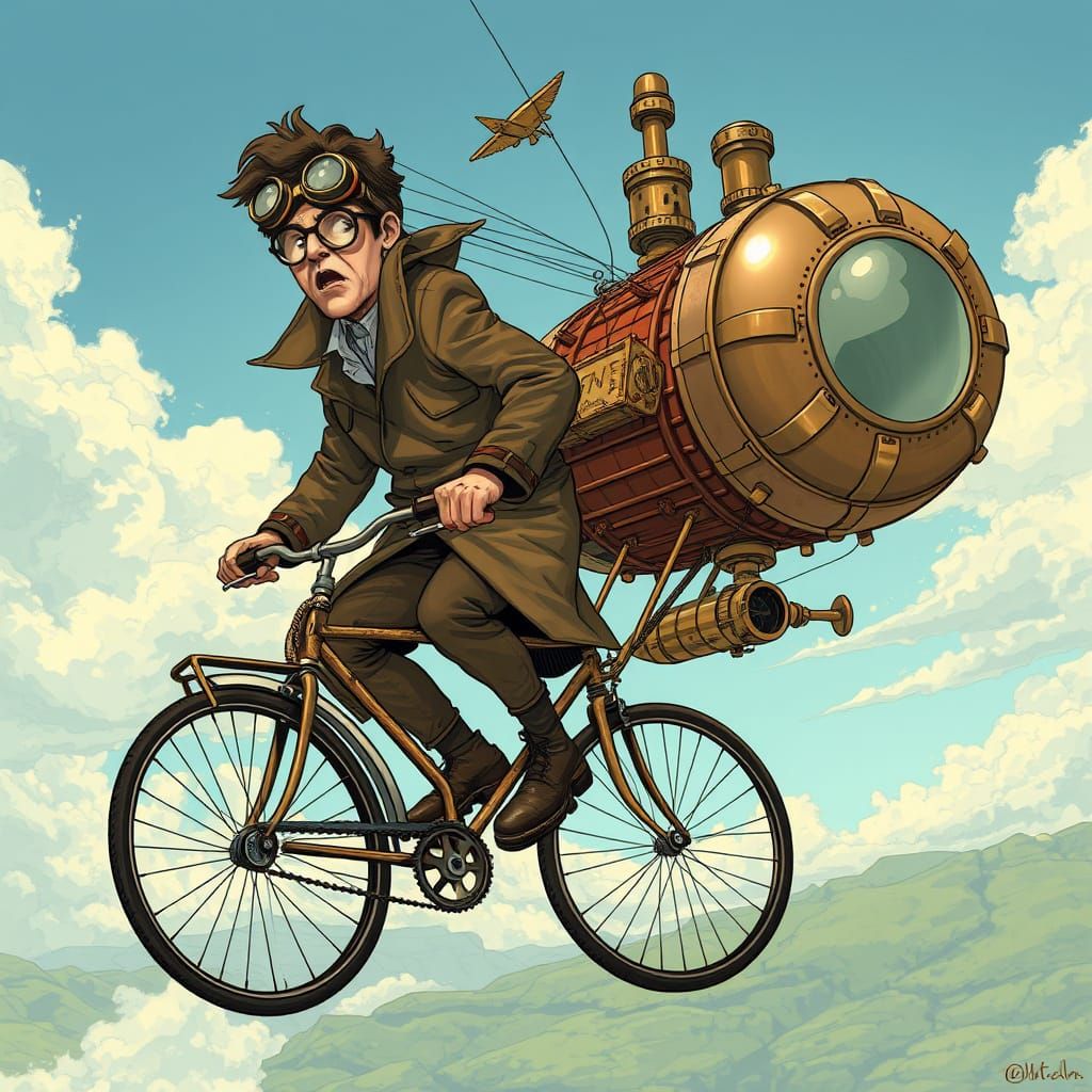 Steampunk Scientist Soaring in Airship, Syd Mead Style