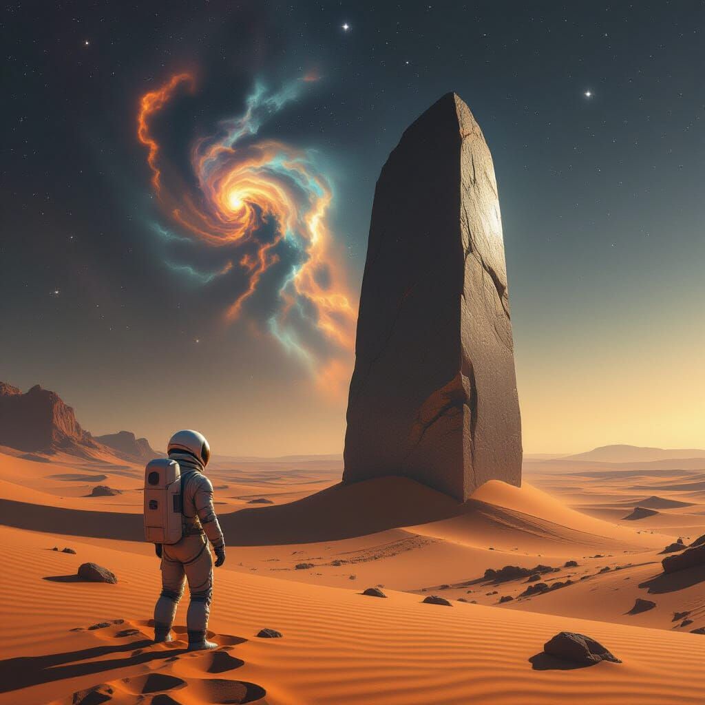 Astronaut Discovers Alien Monolith in Desert Landscape