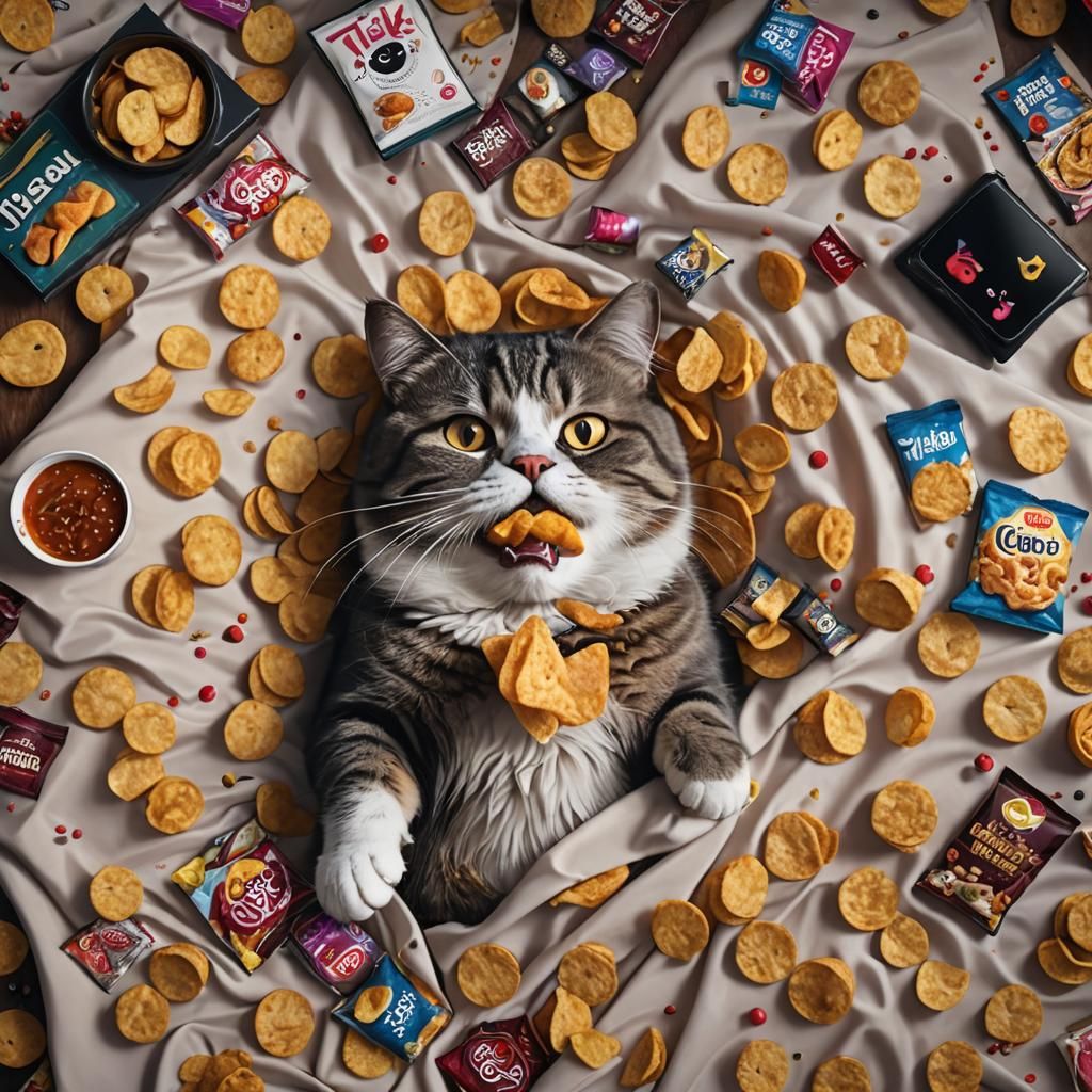 Fat Cat Watching TikTok: Detailed Matte Painting