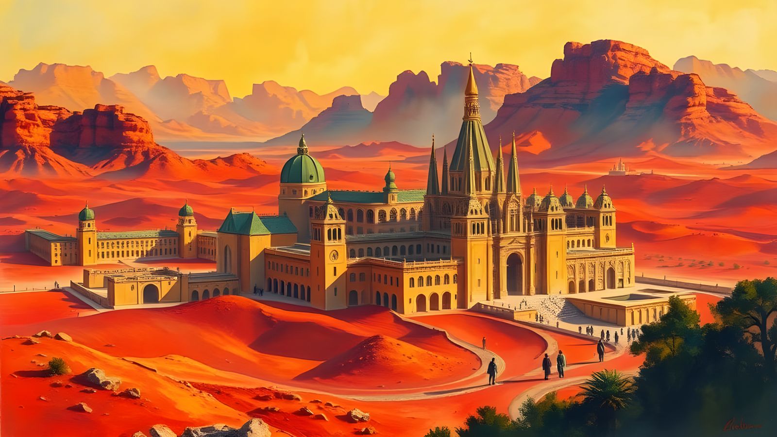 Red Desert City in Gouache Style