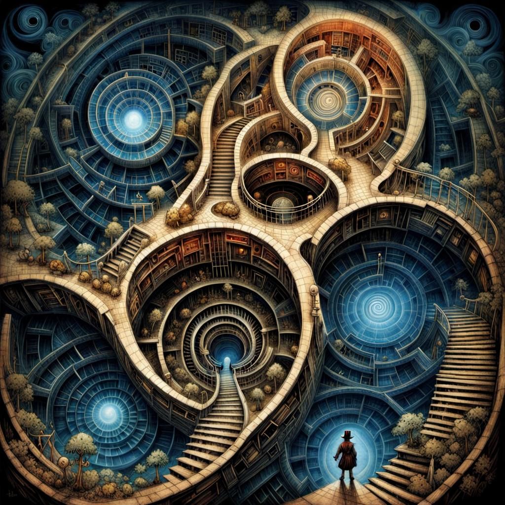 Labyrinth Heart Blueprint Drawing in Rainbow Colors