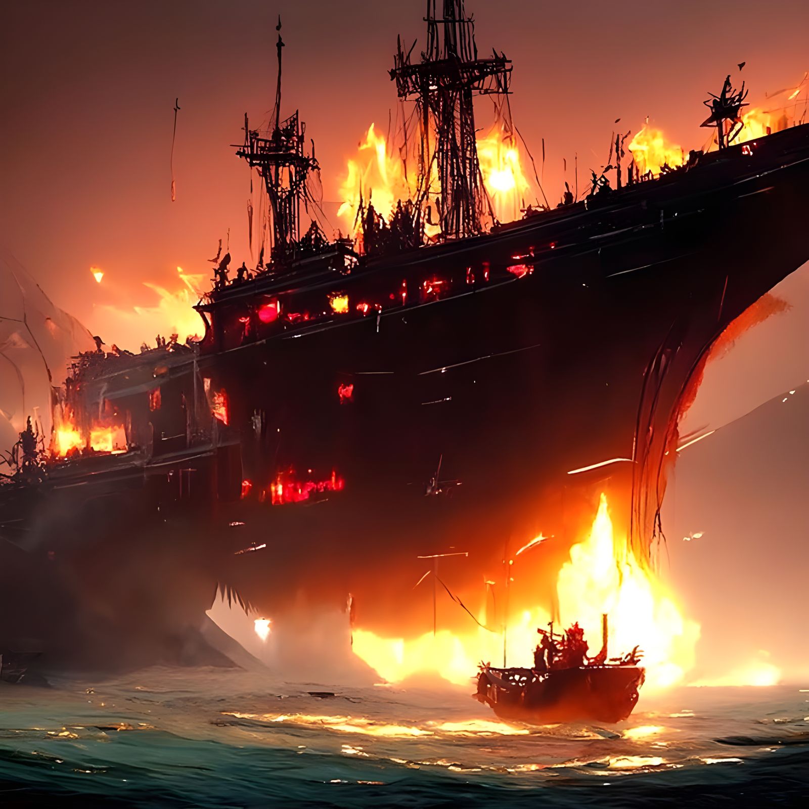 Burning Pirate Ship in Epic Flames: Digital Illustration