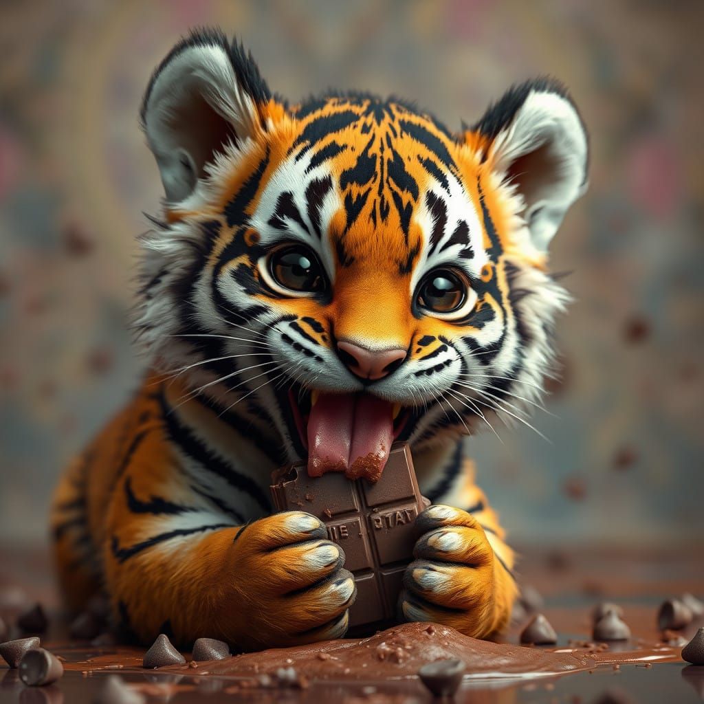 Delightful Tiger Cub Devours Chocolate in Whimsical, Futuris...