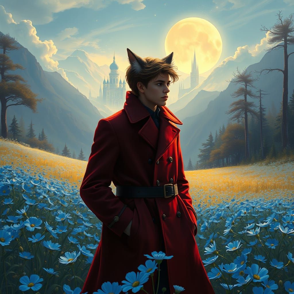 Young Man with Wolf Ears in Art Nouveau Style