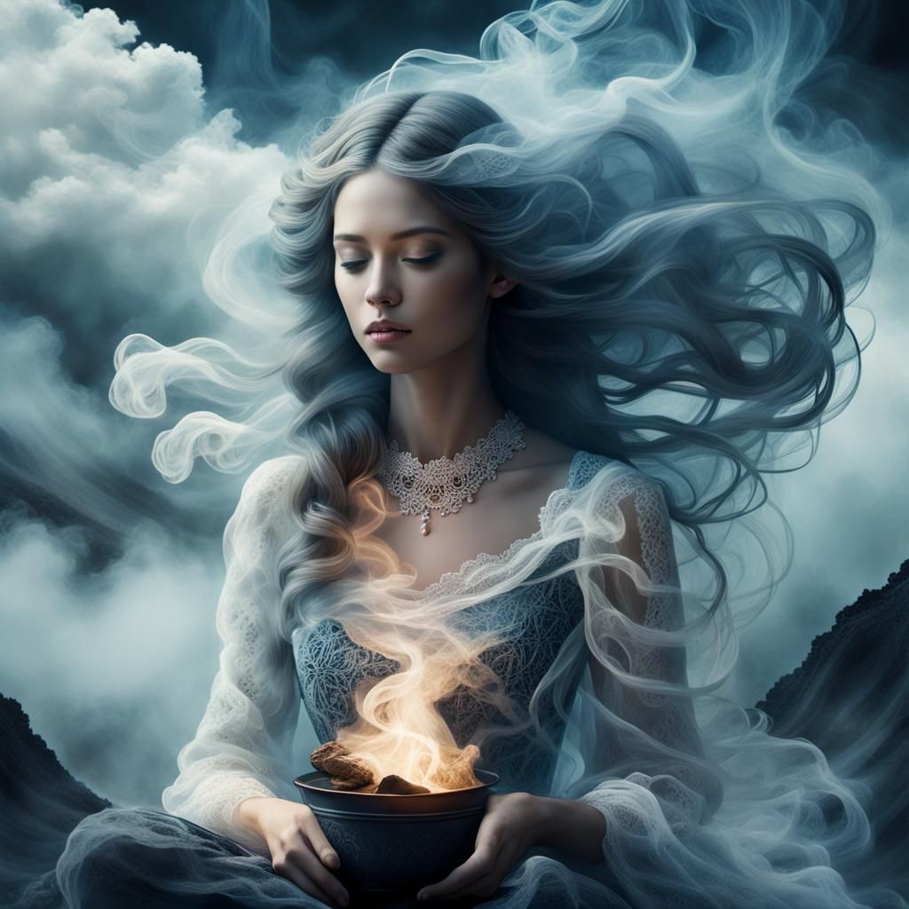 Ethereal Smoke Goddess by Campfire, Digital Illustration