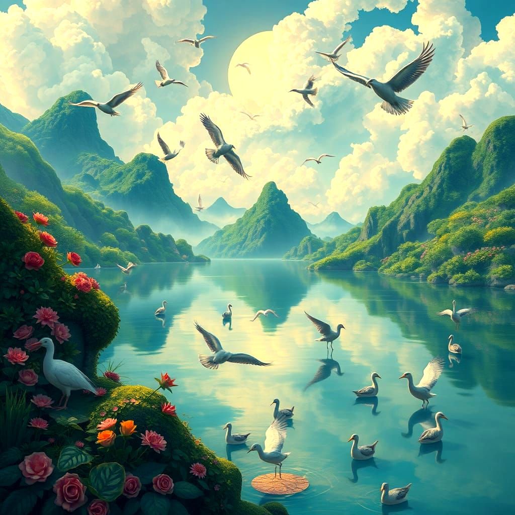 Serene Euro Landscape with Birds in Flight