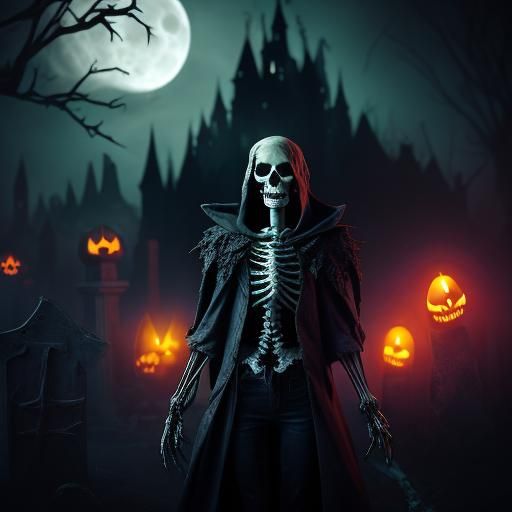 Skeleton Witch in Graveyard: Halloween Concept Art