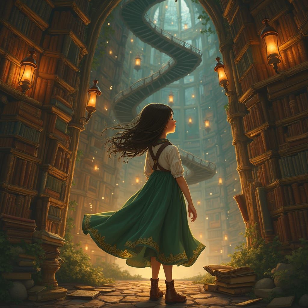 Whimsical Gravity-Defying Library in Studio Ghibli Style