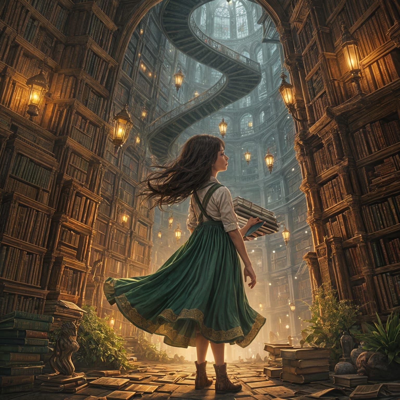 Mystical Library Scene in Ghibli Steampunk Nouveau Style