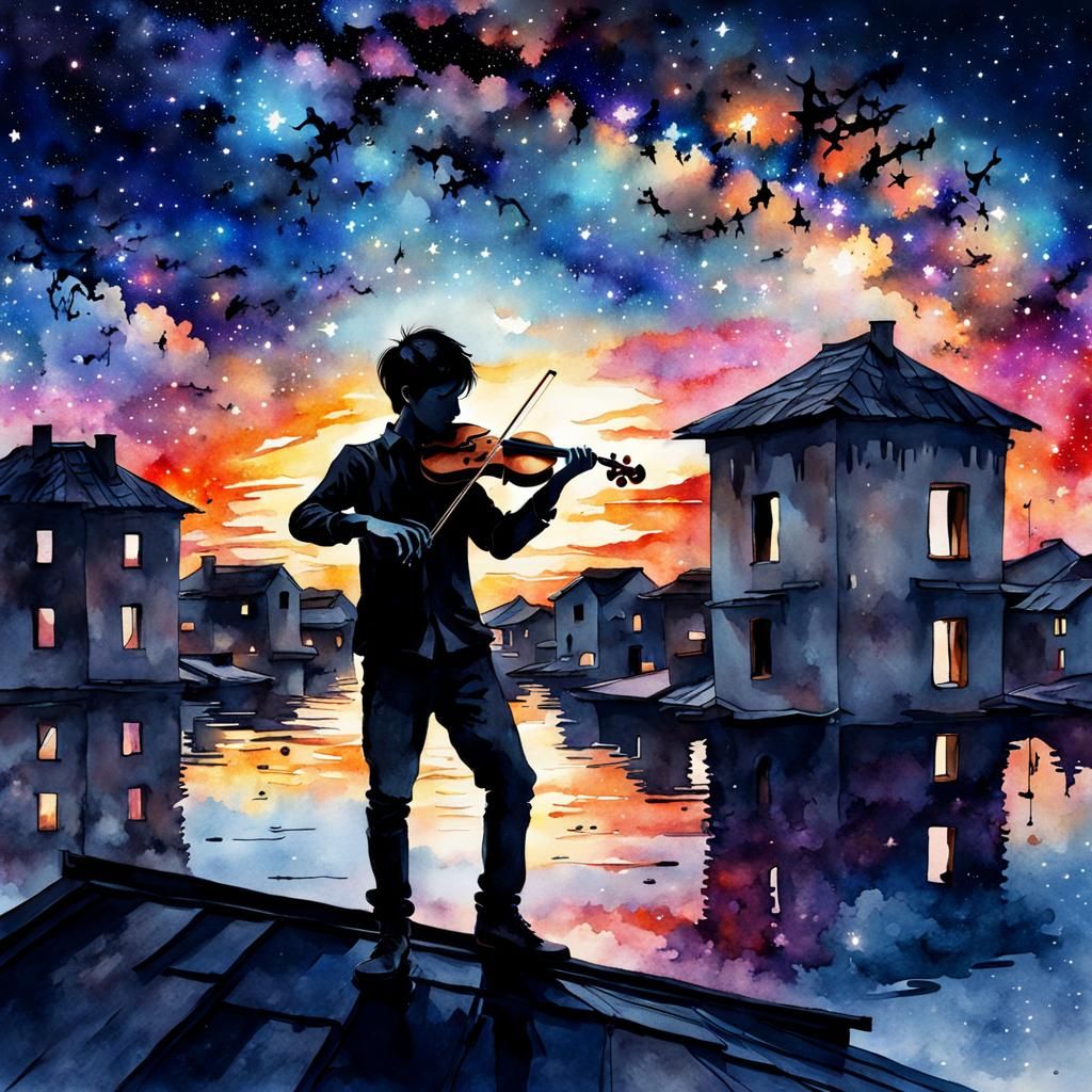 Boy Plays Violin on Starry Roof: Watercolor Art
