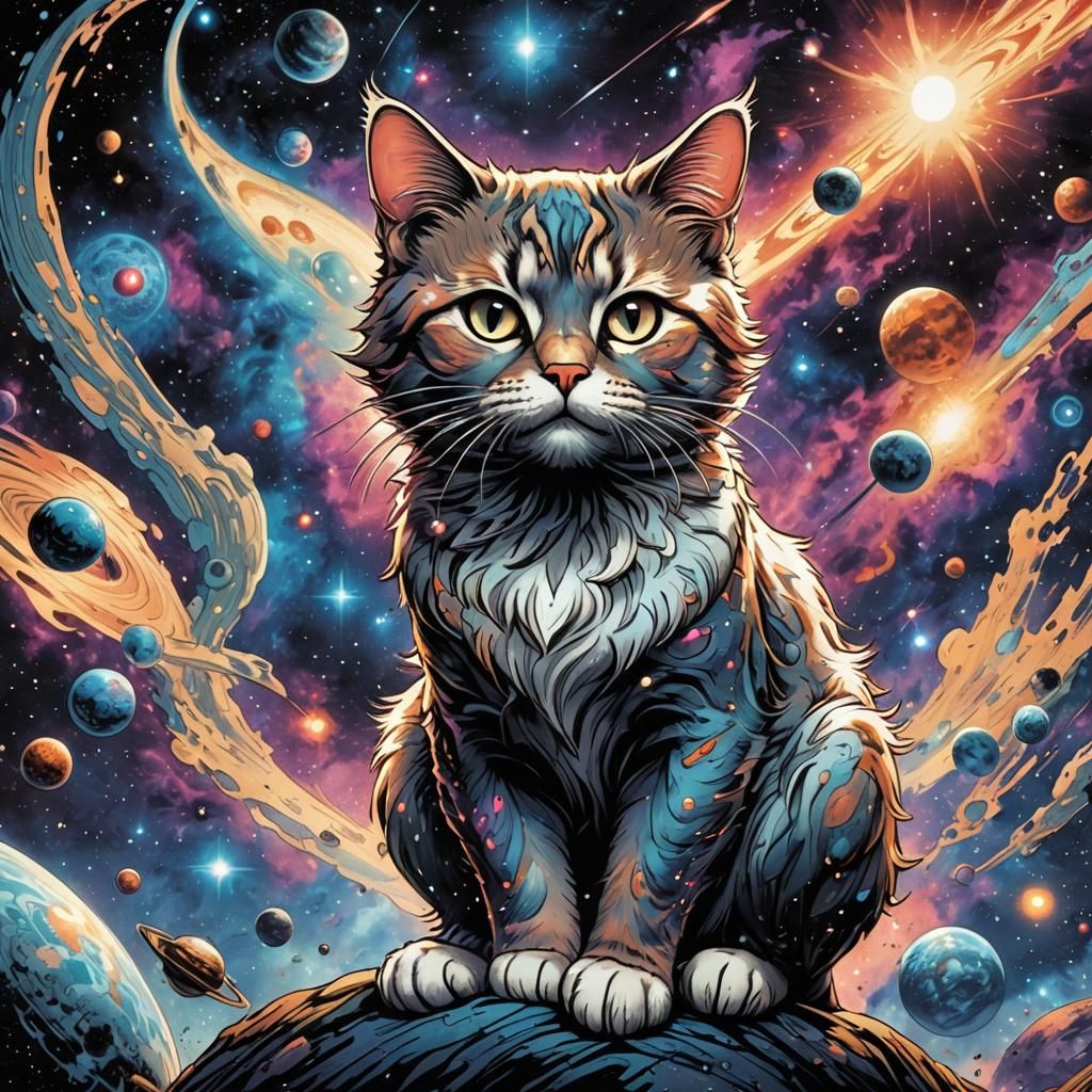 Cosmic Galaxy Cat in Comic Book Style
