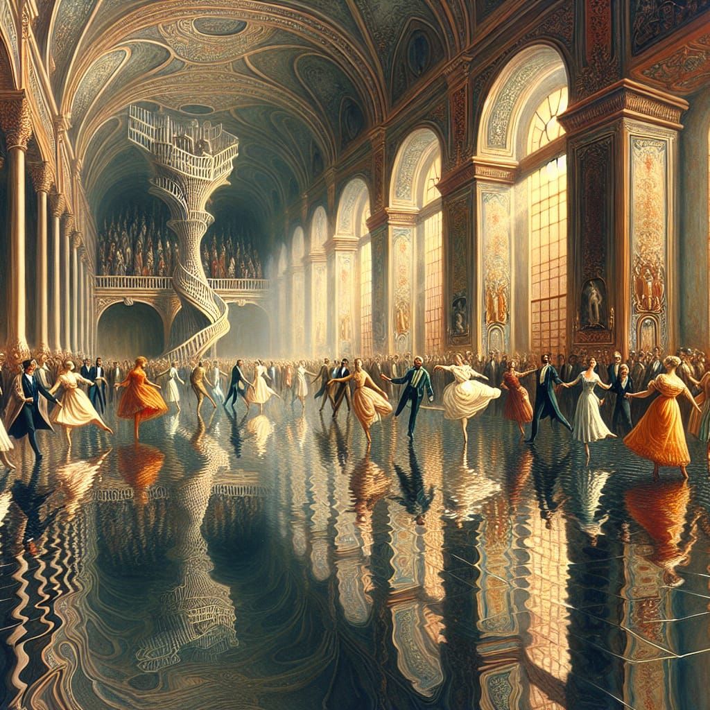 Surreal Ballroom with Dancers Gliding on a Shimmering Lake