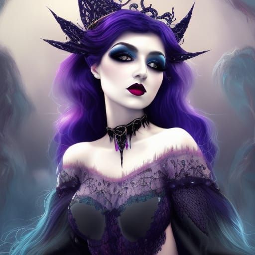 Attractive Goth Princess with Sapphire Hair, Digital Art