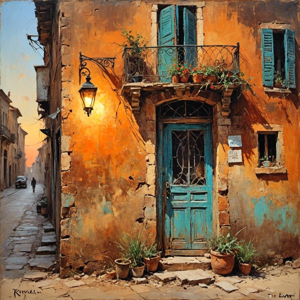 Vintage Lamp in Oil Chalk Painting Style